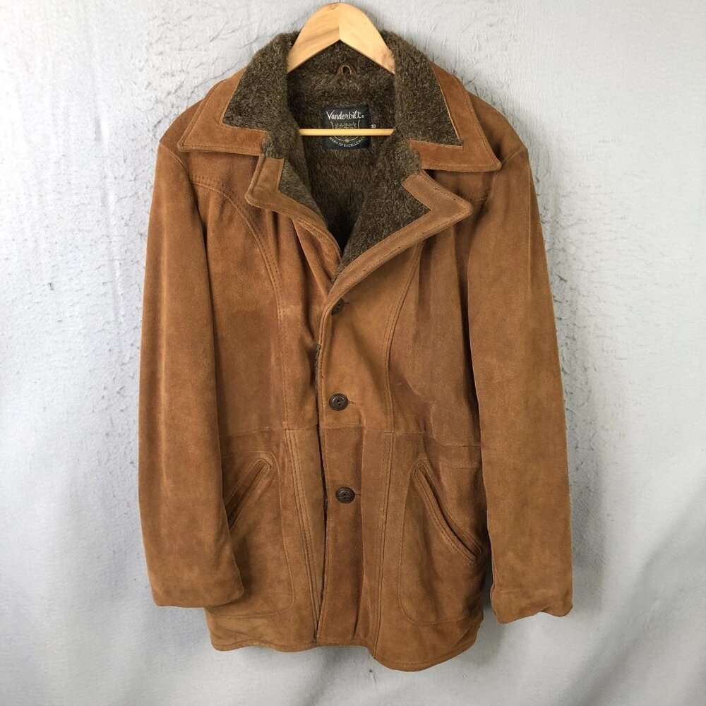 Vintage Vanderbilt Coat Mens 40 Brown Suede Faux Fur Lined Single Breasted 70s